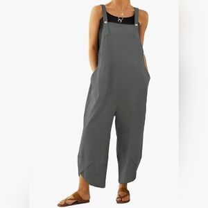 Women's Sleeveless Cotton Linen Overalls Rompers Baggy Wide Leg Jumpsuit